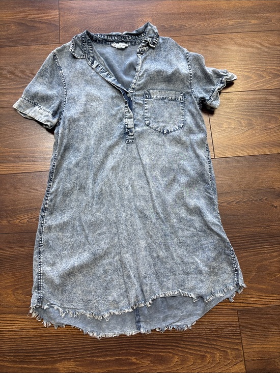 Day + Moon Dresses & Skirts - Washed Denim Shirt Dress with Frayed Hem - Blue